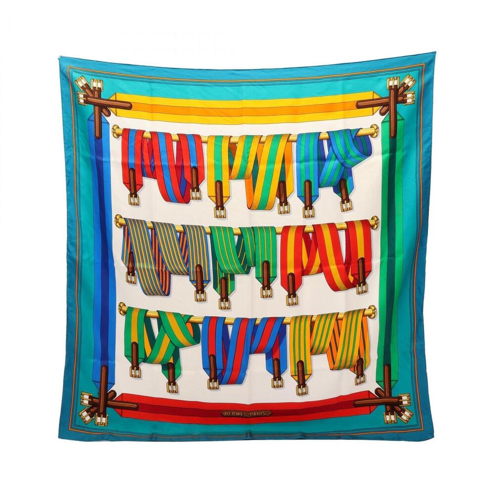 Hermes Carre 90 Les Sangles Scarf/Muffler, Silk, Women's, Ivory/Multicolor